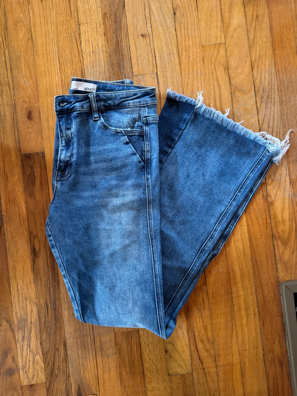 VERVET BY FLYING MONKEY Mid Blue Wide Leg Jeans with Frayed Hem